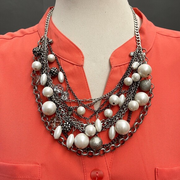 Lane Bryant Silver-tone White Faux Pearls Rhinestones Women's Fashion Necklace - Picture 1 of 4